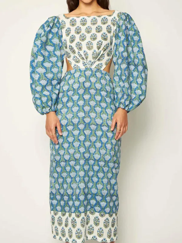 Backless Floral Dress - Lantern Sleeves