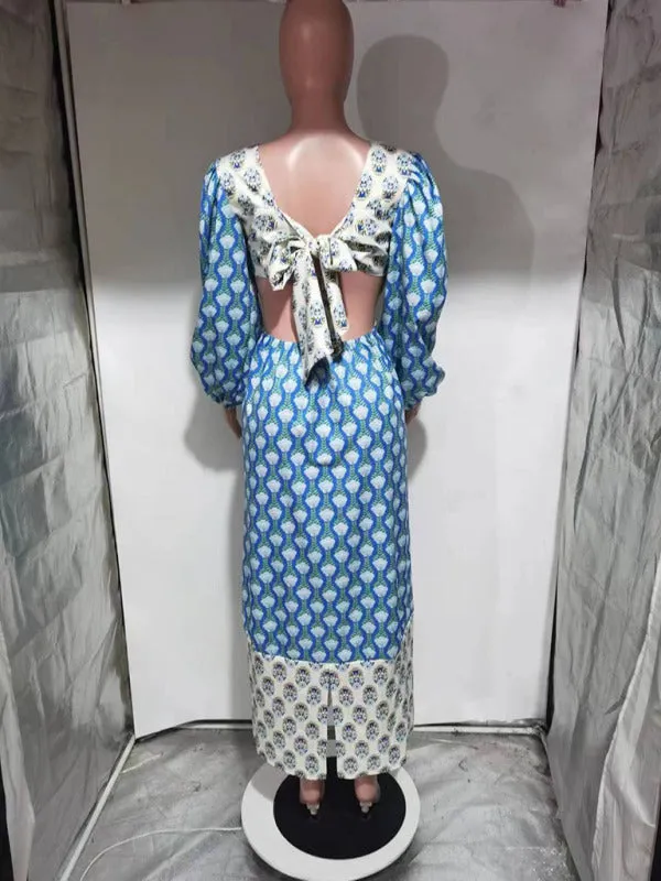 Backless Floral Dress - Lantern Sleeves