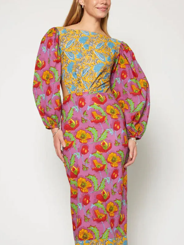 Backless Floral Dress - Lantern Sleeves