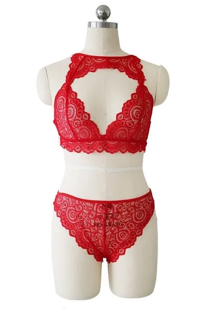 CWXANS sexy bra set hot women floral lace transparent push up halter lingerie bralette wire free breathable hollow out underwear