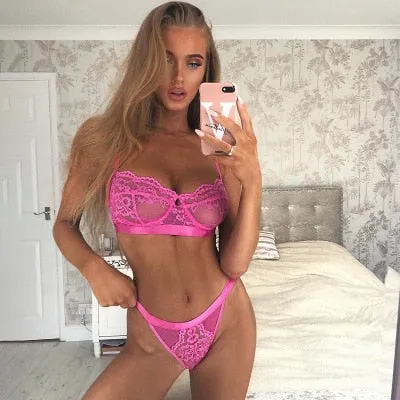 Ellolace Sexy Lace Mesh Lingerie Set Underwear 2 Piece Set Women Wireless Bralette Pink Transparent Hollow Out 6 Color Panty Set