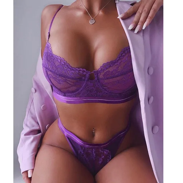Ellolace Sexy Lace Mesh Lingerie Set Underwear 2 Piece Set Women Wireless Bralette Pink Transparent Hollow Out 6 Color Panty Set