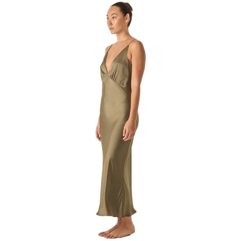 Gingerlilly Fern Olive Silky Satin Long Chemise