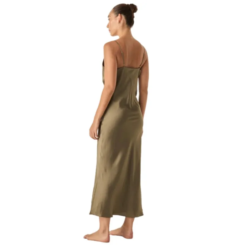 Gingerlilly Fern Olive Silky Satin Long Chemise