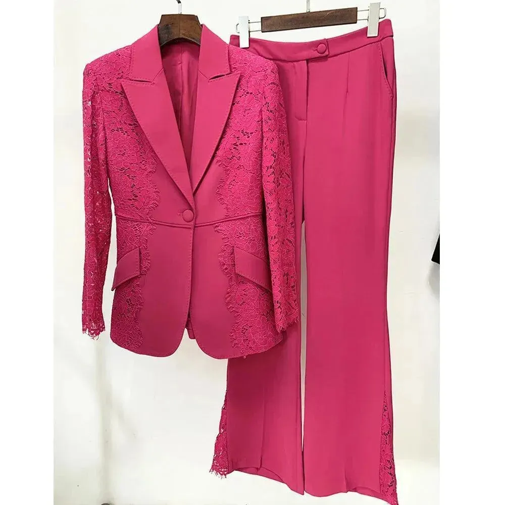 Lace Patchwork Women Pant Suit. Flared Pants