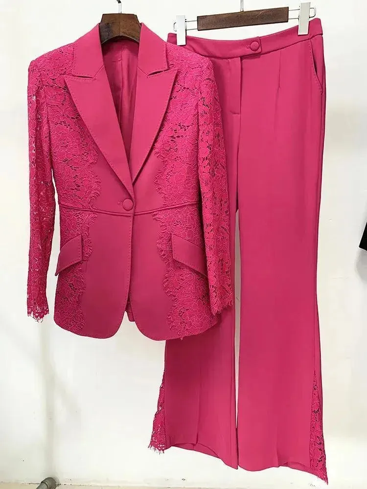 Lace Patchwork Women Pant Suit. Flared Pants