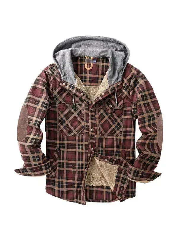 Plaid Fleece Hooded Men Flannel Shirt