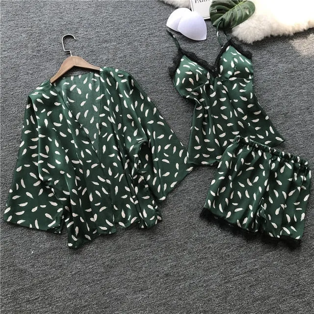 QWEEK Sleep Lounge Women Pajamas Sets with Chest Pad Summer Satin Sleepwear Women Casual Pyjama Femme Indoor Clothing 3 Pieces