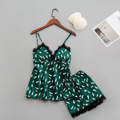 QWEEK Sleep Lounge Women Pajamas Sets with Chest Pad Summer Satin Sleepwear Women Casual Pyjama Femme Indoor Clothing 3 Pieces