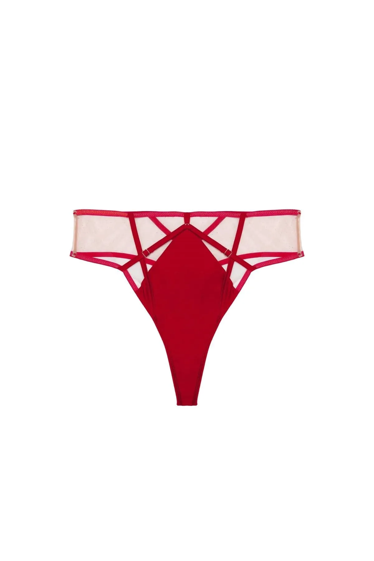 Ramona Ruby Red Strap Detail Illusion Mesh High Waisted Thong