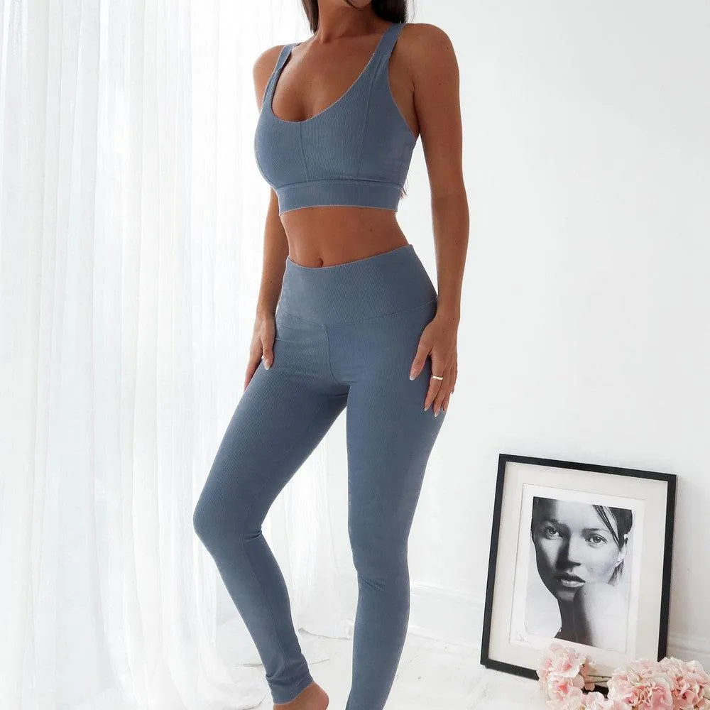 Seamless Ribbed Sports Bra- Blue