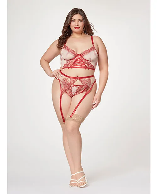 Sheer Stretch Mesh W/floral Contrast Embroidery Bustier. Garter Belt & Thong Red/nude