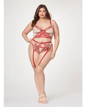 Sheer Stretch Mesh W/floral Contrast Embroidery Bustier. Garter Belt & Thong Red/nude
