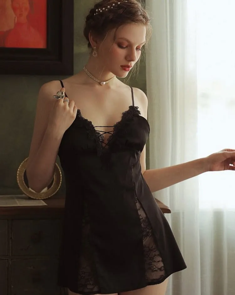 V Neck Satin Lace Floral Nightgown