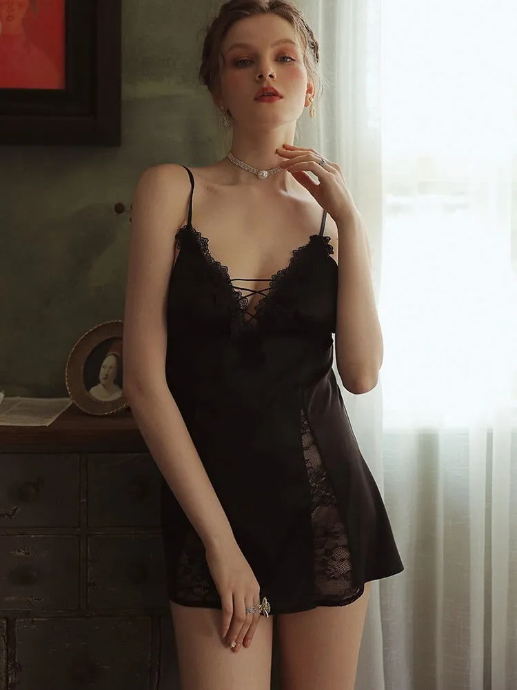V Neck Satin Lace Floral Nightgown