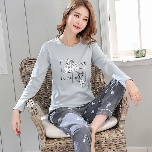 Women Clothes for Autumn winter Pajamas Sets O-Neck Sleepwear Lovely Rabbit Pijamas Mujer Long Sleeve Cotton Sexy Pyjamas Female
